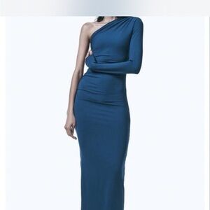 Zara One-Shoulder Long Dress in Deep Teal Blue